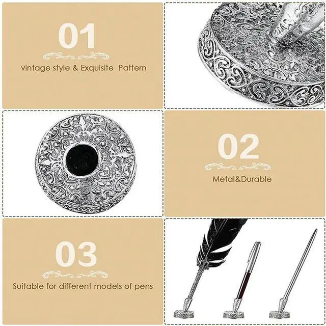 Alt view image 4 of 4 - 4 Pieces Vintage Round l Feather Pen Holder Insertion Pen Holder Feather Quill Pen Stand Desktop Dip Pens Base
