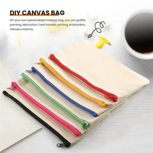 Alt view image 3 of 4 - 12 Pack Blank Canvas Makeup Bag,Bulk Cosmetic Bags With Multi-Color Zipper,Canvas Zipper Pencil Case Pouch,DIY Craft