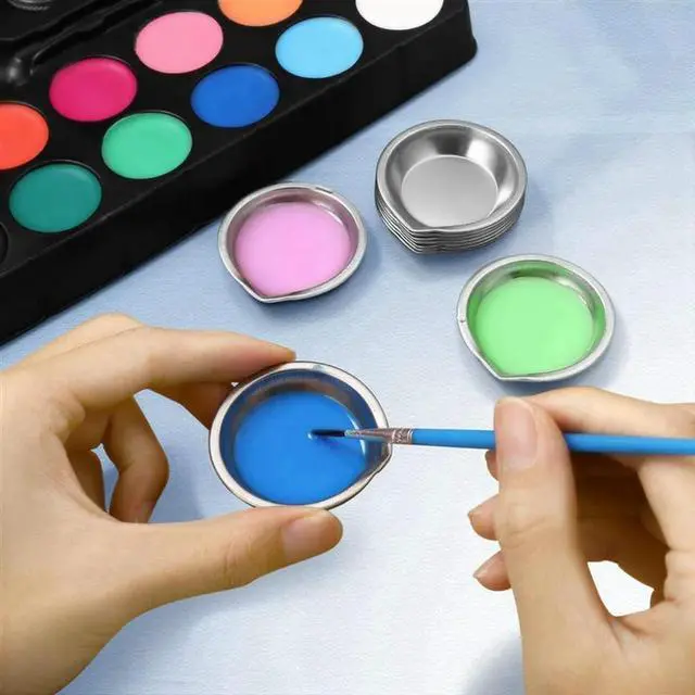 Alt view image 2 of 4 - 60Pcs Makeup Palette Stainless Steel Small Round Paint Tray Artist Watercolours Paint Mixing Palette Tray For Artist