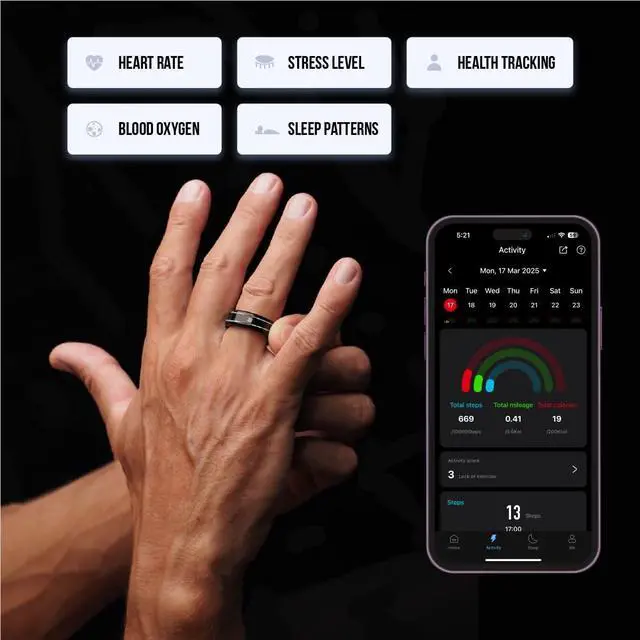 Alt view image 5 of 7 - Pachira Smart Ring, Dual 14K Gold Inlays, Fitness/ Sleep/ Stress/ Heart Rate/ SpO2 Tracker, No App Subscription, Waterproof, 7-Day Battery Life, 170+ Sports Modes, iOS & Android Compatible, Black (8)