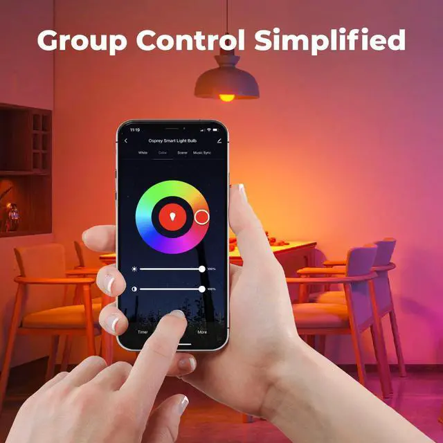 Alt view image 6 of 7 - flyingOsprey Smart Light Bulbs, 16 Million RGBCW/WW LED Light Bulbs, Music Sync, Bluetooth and Wi-Fi, App Control, A19 E26 9W (60W Equivalent), 806LM (4 Pack)