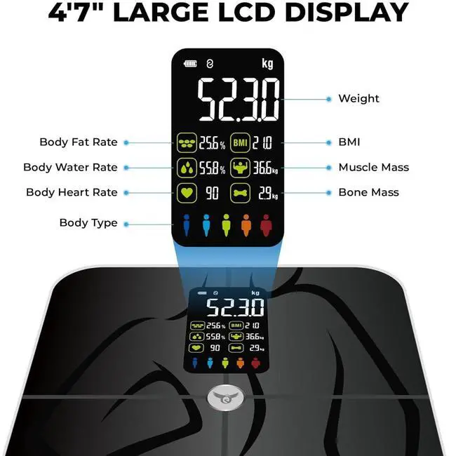 Alt view image 3 of 6 - Osprey.life Smart Scale for Body Weight and Fat, Bathroom Scales 18 Body Composition Analyzer Sync to APP, 4'7" Digital Display,High Accurate Body Scale for BMI,Heart Rate,Muscle Rate,400lbs (Black)