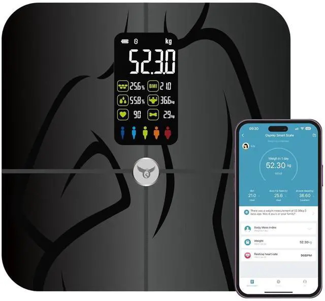 Main image of Osprey.life Smart Scale for Body Weight and Fat, Bathroom Scales 18 Body Composition Analyzer Sync to APP, 4'7" Digital Display,High Accurate Body Scale for BMI,Heart Rate,Muscle Rate,400lbs (Black)