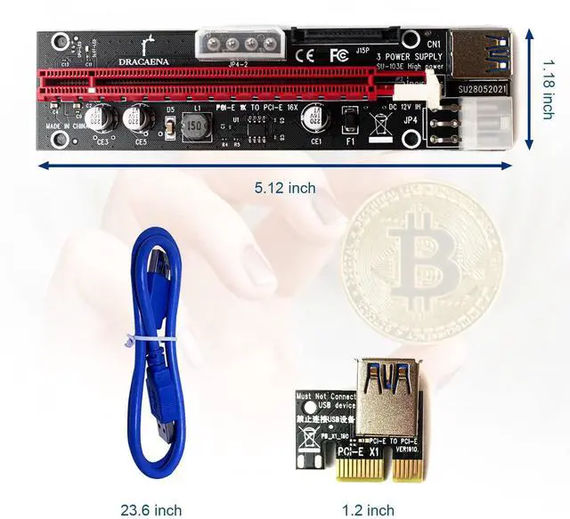 Alt view image 4 of 7 - dracaena.io 2 Pack PCIE Riser Adapter Card for GPU Crypto Mining16X to 1X (6pin/ MOLEX/SATA Powered) LED Status + 60cm USB 3.0 Cable, pcie Riser (GPU Ethereum Mining)