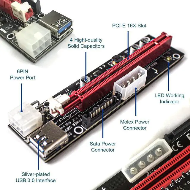 Alt view image 3 of 7 - dracaena.io 2 Pack PCIE Riser Adapter Card for GPU Crypto Mining16X to 1X (6pin/ MOLEX/SATA Powered) LED Status + 60cm USB 3.0 Cable, pcie Riser (GPU Ethereum Mining)