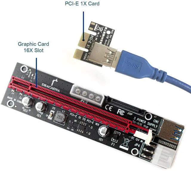 Alt view image 5 of 7 - dracaena.io 2 Pack PCIE Riser Adapter Card for GPU Crypto Mining16X to 1X (6pin/ MOLEX/SATA Powered) LED Status + 60cm USB 3.0 Cable, pcie Riser (GPU Ethereum Mining)