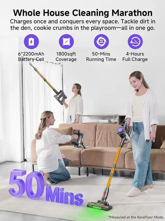 Alt view image 3 of 7 - MONSGA Cordless Vacuum Cleaner, 45KPa 400W Stick Vacuum for Home, 50Mins Anti-Tangled Vacuum Cleaner with Charging Dock, Light-weighted Handheld Vacuum for Pet Hair/Carpet/Floor, LED Touch Display,MV3