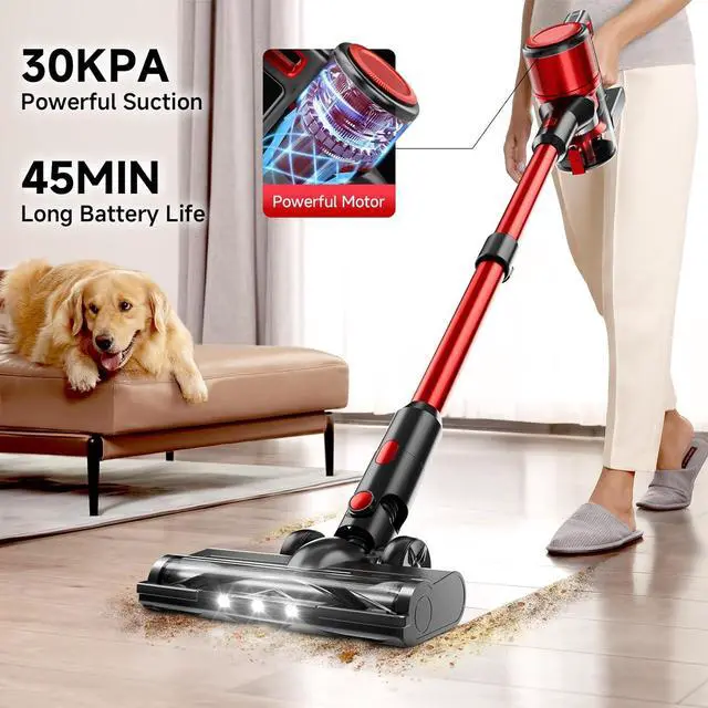 Alt view image 2 of 7 - Cordless Vacuum Cleaner for Home - Lightweight, 30Kpa Stick Vacuum Clean with Rechargeable Battery, Max 45Mins Runtime, 8 in 1 Handheld Vacuum for Hardfloor & Carpets Pet Hair, Red