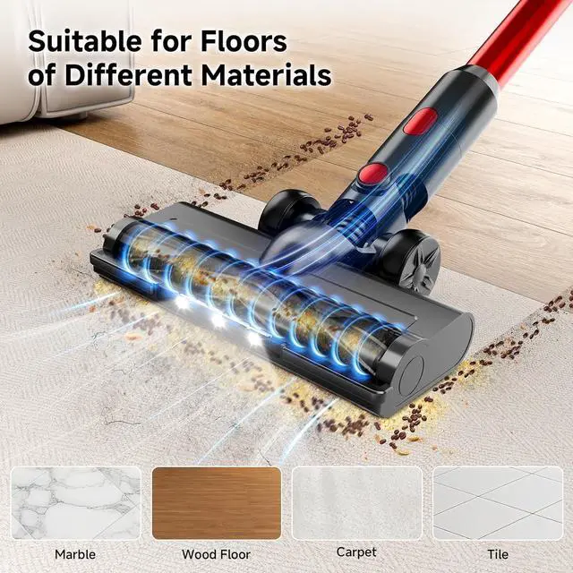 Alt view image 3 of 7 - Cordless Vacuum Cleaner for Home - Lightweight, 30Kpa Stick Vacuum Clean with Rechargeable Battery, Max 45Mins Runtime, 8 in 1 Handheld Vacuum for Hardfloor & Carpets Pet Hair, Red