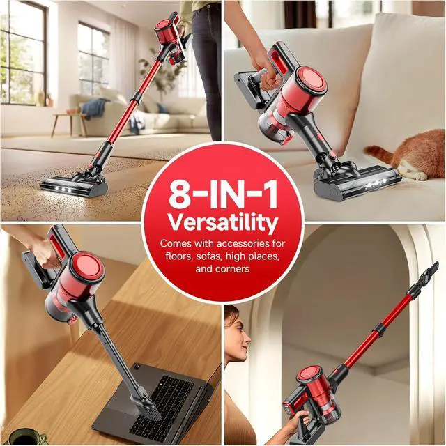 Alt view image 6 of 7 - Cordless Vacuum Cleaner for Home - Lightweight, 30Kpa Stick Vacuum Clean with Rechargeable Battery, Max 45Mins Runtime, 8 in 1 Handheld Vacuum for Hardfloor & Carpets Pet Hair, Red