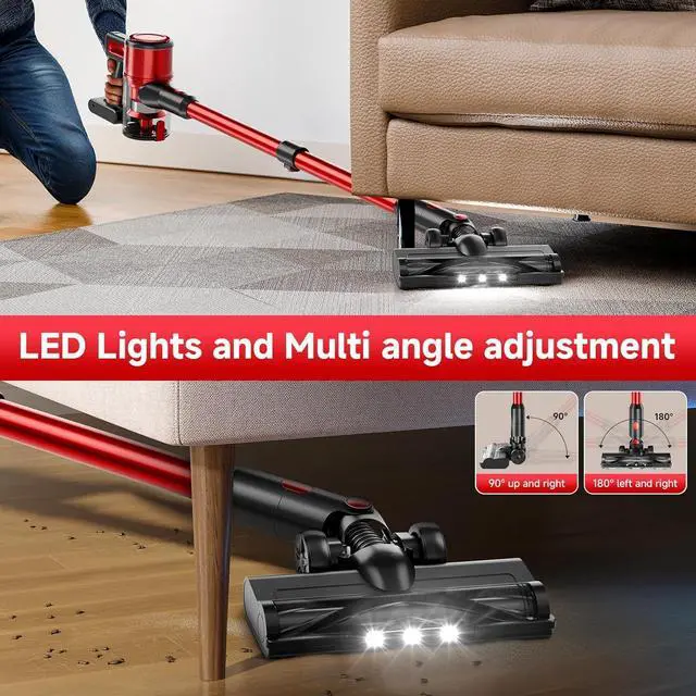 Alt view image 7 of 7 - Cordless Vacuum Cleaner for Home - Lightweight, 30Kpa Stick Vacuum Clean with Rechargeable Battery, Max 45Mins Runtime, 8 in 1 Handheld Vacuum for Hardfloor & Carpets Pet Hair, Red