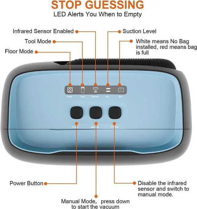 Alt view image 5 of 7 - Touchless Automatic Vacuum Dustpan, Bagged Canister Vacuum with 5-Pack Disposable Dustbags, IR Sensor, LED Alerts, Handheld Accessories for Floors/Corners/Salons