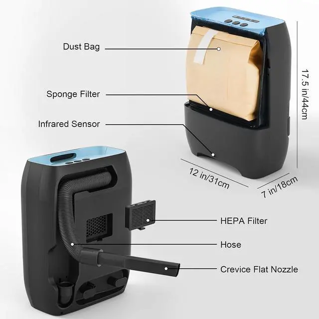 Alt view image 7 of 7 - Touchless Automatic Vacuum Dustpan, Bagged Canister Vacuum with 5-Pack Disposable Dustbags, IR Sensor, LED Alerts, Handheld Accessories for Floors/Corners/Salons