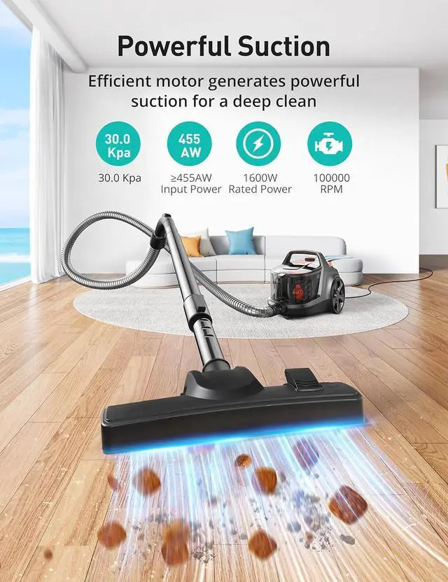 Alt view image 2 of 7 - Aspiron Canister Vacuum Cleaner, 30Kpa Bagless Vacuum Cleaners, 3.7QT Large Dust Cup, Double HEPA Filter, Retractable Cord, 1600W Lightweight Vacuum Cleaner with 5 Tools for Hard Floors, Persimmon