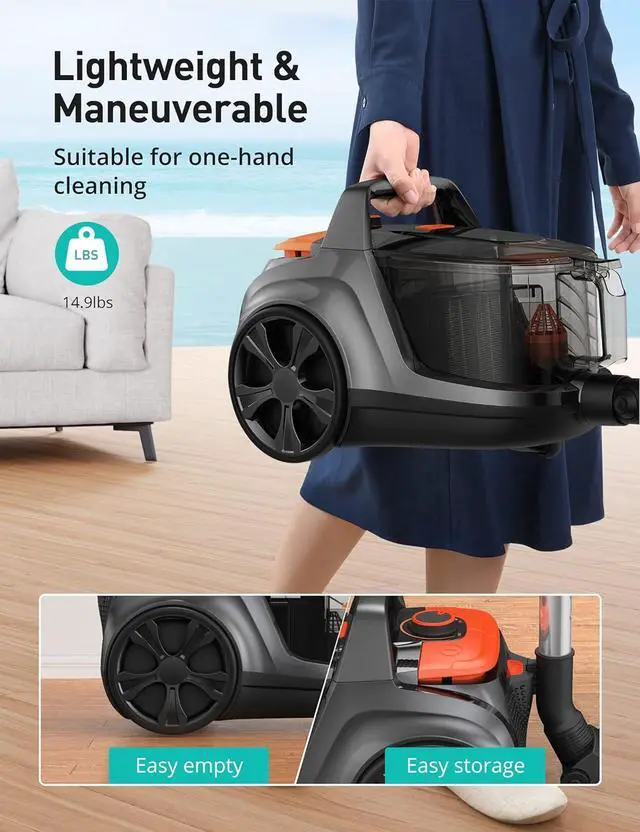 Alt view image 6 of 7 - Aspiron Canister Vacuum Cleaner, 30Kpa Bagless Vacuum Cleaners, 3.7QT Large Dust Cup, Double HEPA Filter, Retractable Cord, 1600W Lightweight Vacuum Cleaner with 5 Tools for Hard Floors, Persimmon