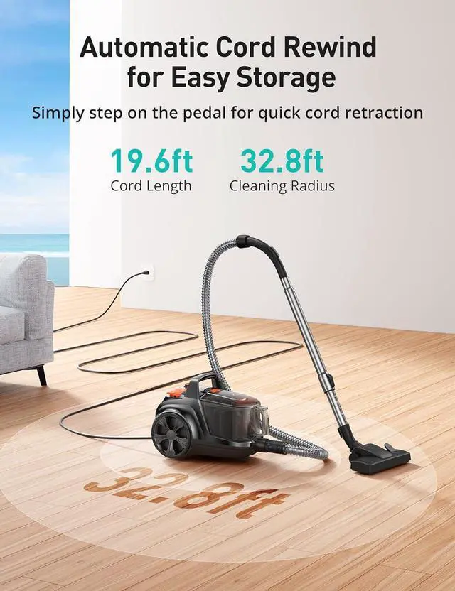 Alt view image 5 of 7 - Aspiron Canister Vacuum Cleaner, 30Kpa Bagless Vacuum Cleaners, 3.7QT Large Dust Cup, Double HEPA Filter, Retractable Cord, 1600W Lightweight Vacuum Cleaner with 5 Tools for Hard Floors, Persimmon