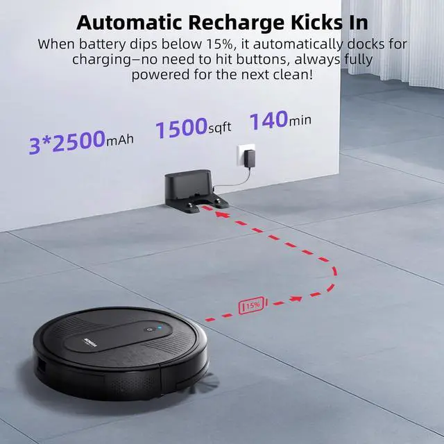 Alt view image 6 of 7 - MONSGA Robot Vacuum Cleaner, 3000Pa Powerful Suction Robotic Vacuum, 3.2" Super-Slim, 140Min Runtime, Vacuum Robot for Hard Floor/Low Pile Carpet/Pet Hair, Remote/App/Voice Control, Schedule Clean