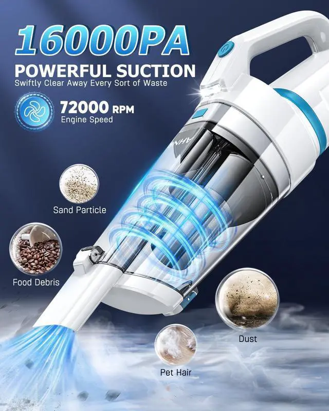 Alt view image 2 of 7 - AHNR Handheld Vacuum Cordless, 16000PA Powerful Suction Hand Held Vacuum Dust Busters Cordless Rechargeable with LED Light & 2 HEPA Filters, Portable Car Vacuum Cleaner High Power for Car Home Office
