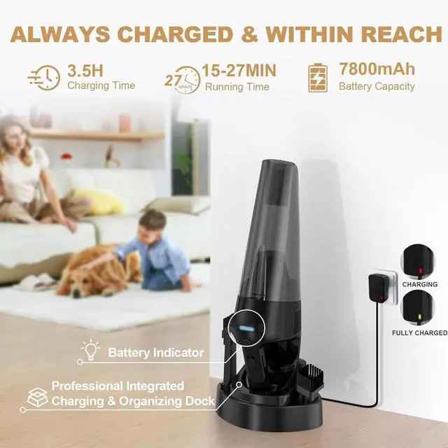 Alt view image 3 of 7 - Handheld Vacuum Cordless Rechargeable with Charging Dock - 16000Pa Ultra-Strong Suction, Portable & Lightweight, Fast Charging, LED Light, 0.8L Super-large Dust Cup, Long Battery Life for Home