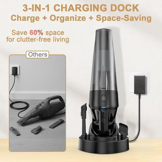 Alt view image 4 of 7 - Handheld Vacuum Cordless Rechargeable with Charging Dock - 16000Pa Ultra-Strong Suction, Portable & Lightweight, Fast Charging, LED Light, 0.8L Super-large Dust Cup, Long Battery Life for Home
