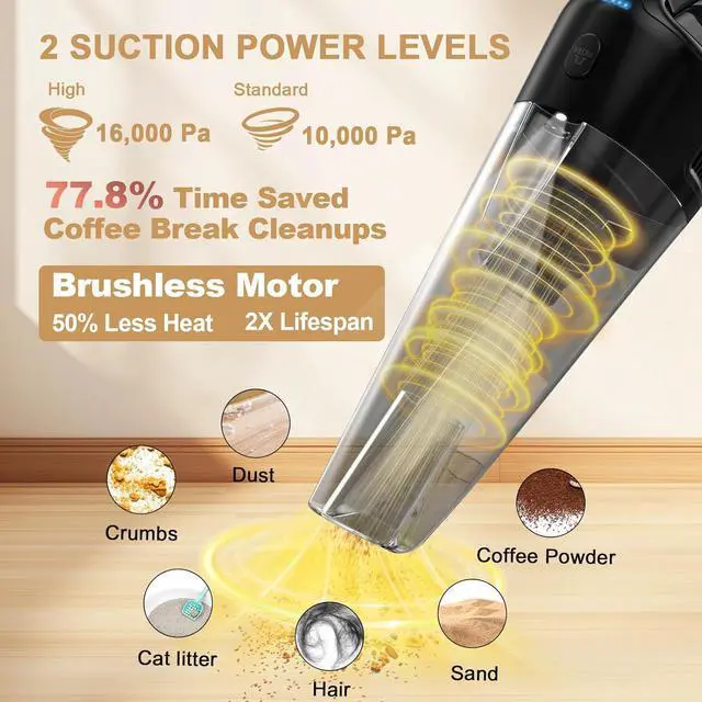 Alt view image 2 of 7 - Handheld Vacuum Cordless Rechargeable with Charging Dock - 16000Pa Ultra-Strong Suction, Portable & Lightweight, Fast Charging, LED Light, 0.8L Super-large Dust Cup, Long Battery Life for Home