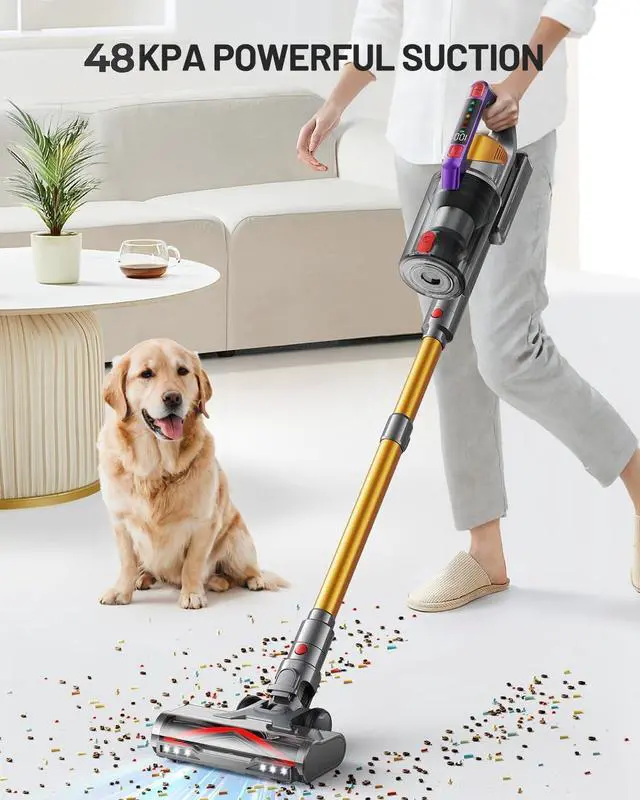 Alt view image 2 of 7 - Cordless Vacuum Cleaner, 580W 48KPA 70Mins Vacuum Cleaners for Home, Self-Standing Stick Vacuum with Aromatherapy & LED Display Screen, Stick Vacuum Cordless Rechargeable for Pet Hair/Carpets (Gold)