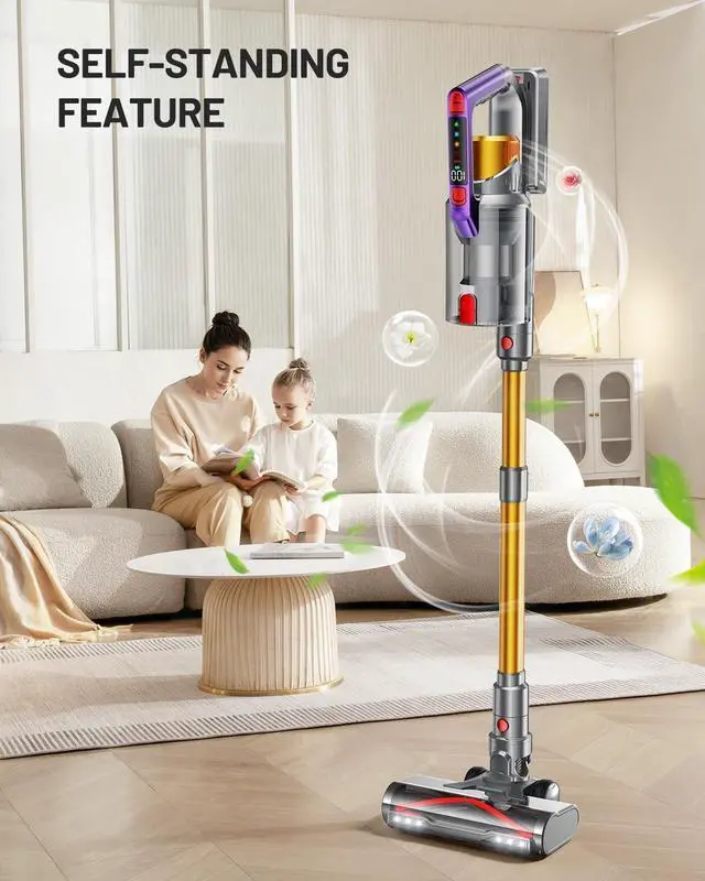 Alt view image 4 of 7 - Cordless Vacuum Cleaner, 580W 48KPA 70Mins Vacuum Cleaners for Home, Self-Standing Stick Vacuum with Aromatherapy & LED Display Screen, Stick Vacuum Cordless Rechargeable for Pet Hair/Carpets (Gold)
