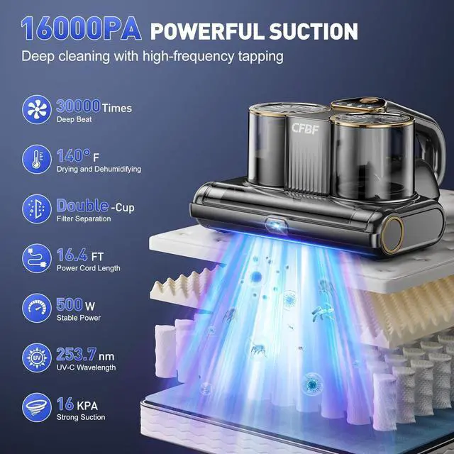 Alt view image 2 of 7 - Mattress Vacuum Cleaner, Bed Vacuum Cleaner with 16Kpa Suction 253.7nm UV-C Light, Ultrasonic & High Heating, 500W Powerful Double-Cup Handheld Vacuums for Bed, Sofa, Couch, Crib, 16.4FT Corded
