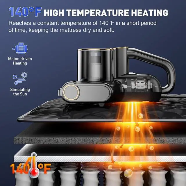 Alt view image 4 of 7 - Mattress Vacuum Cleaner, Bed Vacuum Cleaner with 16Kpa Suction 253.7nm UV-C Light, Ultrasonic & High Heating, 500W Powerful Double-Cup Handheld Vacuums for Bed, Sofa, Couch, Crib, 16.4FT Corded