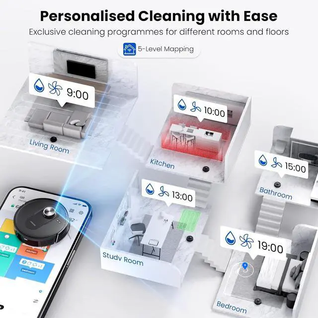 Alt view image 5 of 7 - Proscenic Q8 Robot Vacuum Cleaner with Mop, Ultra Strong 6000Pa Robotic Vacuum with Lidar Navigation, 5 Real-Time Mapping, WiFi/Alexa/APP Remote Control Robot Hoover for Floor Carpet Pet Hair