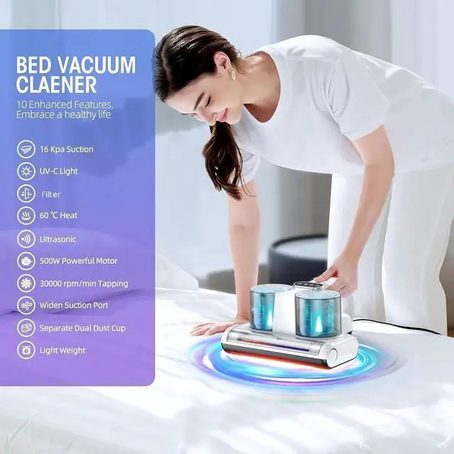 Alt view image 2 of 6 - Mattress Vacuum Cleaner, 16Kpa Bed Vacuum with 253.7nm UV-C Light & Heating & Ultrasonic Quintuple Tech & 30000 RPM/Min Brushroll Rotation, Widened Suction Port, 500W, Corded