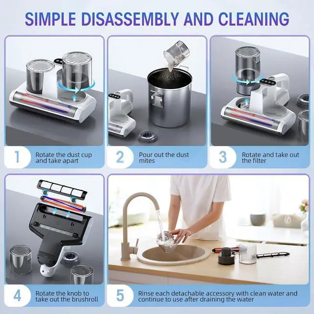 Alt view image 5 of 6 - Mattress Vacuum Cleaner, 16Kpa Bed Vacuum with 253.7nm UV-C Light & Heating & Ultrasonic Quintuple Tech & 30000 RPM/Min Brushroll Rotation, Widened Suction Port, 500W, Corded