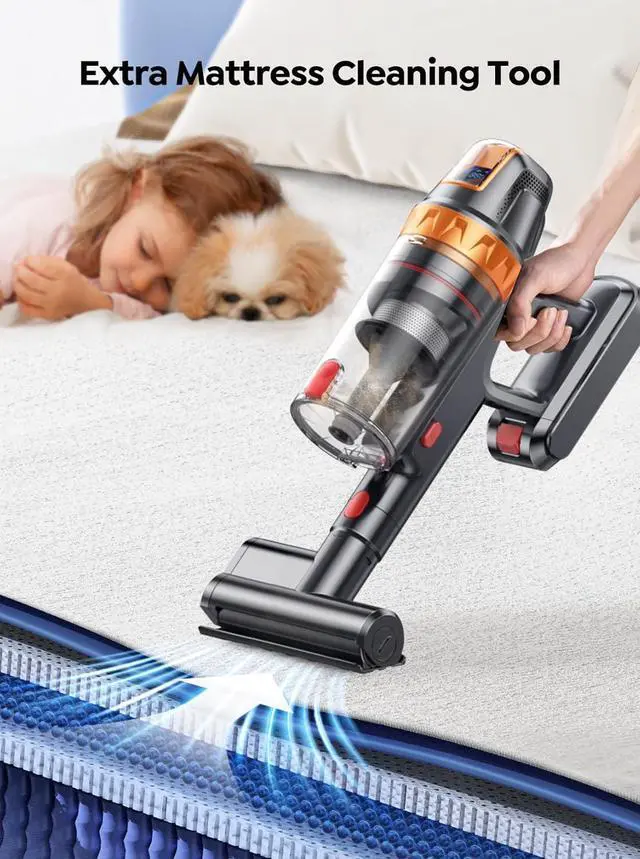 Alt view image 2 of 7 - Cordless Vacuum Cleaner, 600W with Extra Mattress Cleaning Tool, 45KPA Stick Vacuum Cleaners for Home 60 Mins Runtime, Self-Standing, Wall Mount Charging, Rechargeable Vacuum for Floor Carpet Pet Hair