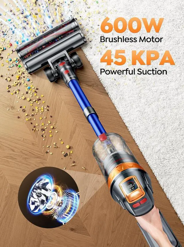 Alt view image 3 of 7 - Cordless Vacuum Cleaner, 600W with Extra Mattress Cleaning Tool, 45KPA Stick Vacuum Cleaners for Home 60 Mins Runtime, Self-Standing, Wall Mount Charging, Rechargeable Vacuum for Floor Carpet Pet Hair