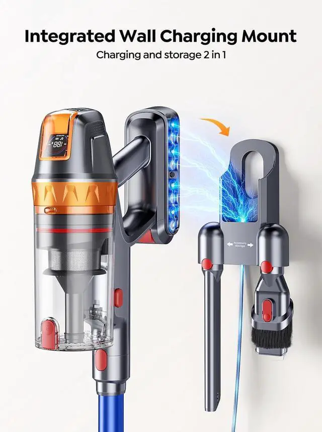 Alt view image 5 of 7 - Cordless Vacuum Cleaner, 600W with Extra Mattress Cleaning Tool, 45KPA Stick Vacuum Cleaners for Home 60 Mins Runtime, Self-Standing, Wall Mount Charging, Rechargeable Vacuum for Floor Carpet Pet Hair