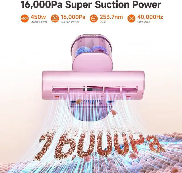 Alt view image 2 of 7 - uwant Bed Cleaner with 16Kpa Suction Metal Roller 253.7nm Uv-c Light Mattress Vacuum Cleaner 36000RPM/Min 149 Heating HEPA Filter&Ultrasonic Mattress Vacuum for Sofa, Pillow, Bed Throws, Pink