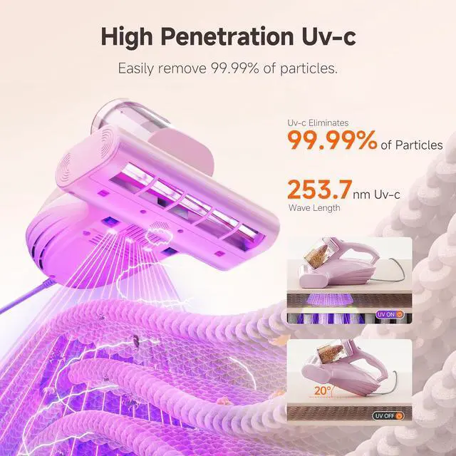 Alt view image 3 of 7 - uwant Bed Cleaner with 16Kpa Suction Metal Roller 253.7nm Uv-c Light Mattress Vacuum Cleaner 36000RPM/Min 149 Heating HEPA Filter&Ultrasonic Mattress Vacuum for Sofa, Pillow, Bed Throws, Pink