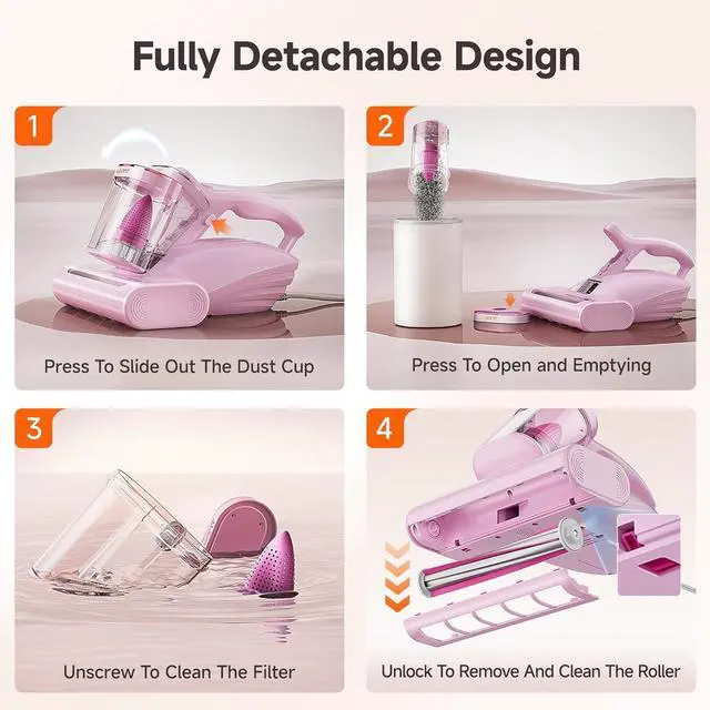 Alt view image 5 of 7 - uwant Bed Cleaner with 16Kpa Suction Metal Roller 253.7nm Uv-c Light Mattress Vacuum Cleaner 36000RPM/Min 149 Heating HEPA Filter&Ultrasonic Mattress Vacuum for Sofa, Pillow, Bed Throws, Pink