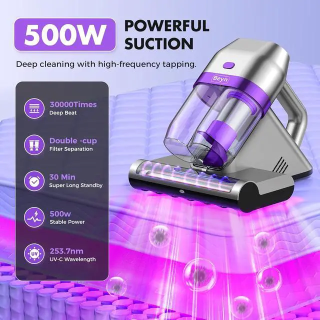 Alt view image 2 of 7 - Bed Vacuum Cleaner, Mattress Vacuum Cleaner with UV & Ultrasonic, 16Kpa Suction Handheld Bed Vacuums with High Heating Tech, Effectively Clean Up Bed, Sofas, Pillows, Carpets, 500W(Corded)
