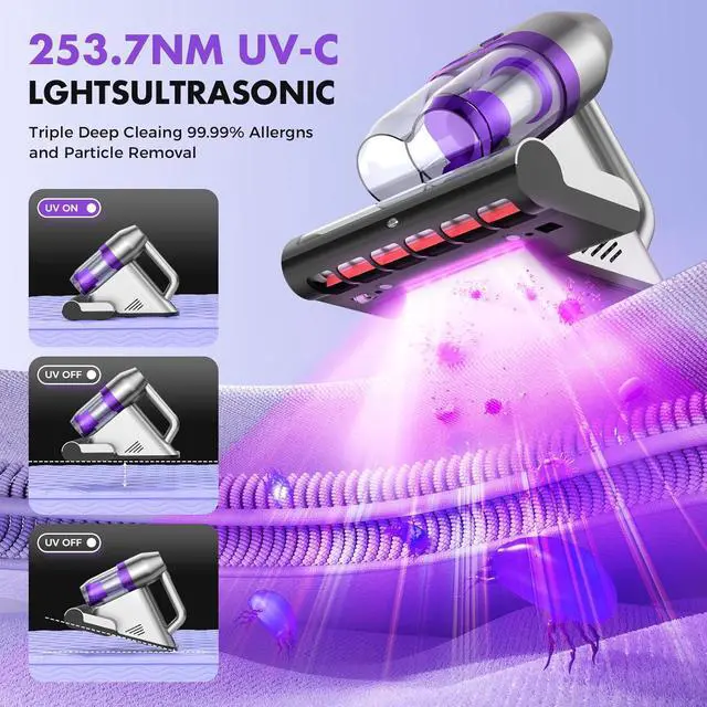 Alt view image 3 of 7 - Bed Vacuum Cleaner, Mattress Vacuum Cleaner with UV & Ultrasonic, 16Kpa Suction Handheld Bed Vacuums with High Heating Tech, Effectively Clean Up Bed, Sofas, Pillows, Carpets, 500W(Corded)