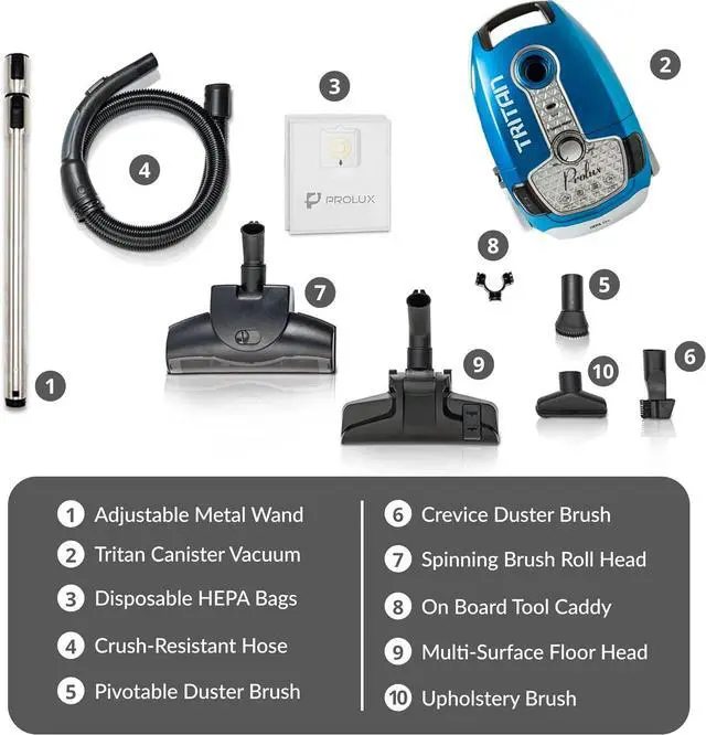 Alt view image 3 of 7 - Prolux Tritan Bagged Canister Vacuum Cleaner, HEPA Filtration, Complete Home Care Tool Kit, Pet Hair No More, Adjustable Power Setting, Blue