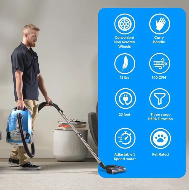 Alt view image 4 of 7 - Prolux Tritan Bagged Canister Vacuum Cleaner, HEPA Filtration, Complete Home Care Tool Kit, Pet Hair No More, Adjustable Power Setting, Blue