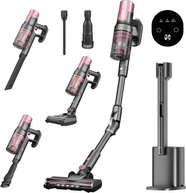Main image of COWSAR Cordless Vacuum Cleaner with HEPA Filter, Power Detect Clean & Empty, Auto-Empty System, Rechargeable, Portable Handheld Attachment, Stick Vacuum for Pet Hair, Carpets & Hardfloor, Pink