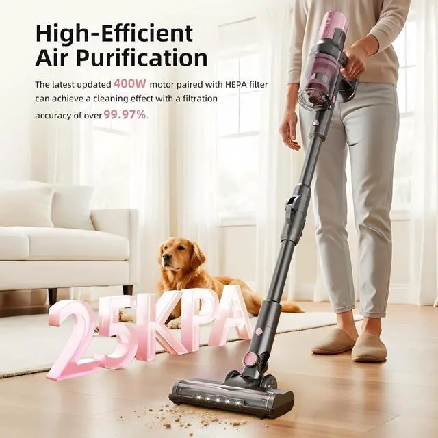 Alt view image 2 of 7 - COWSAR Cordless Vacuum Cleaner with HEPA Filter, Power Detect Clean & Empty, Auto-Empty System, Rechargeable, Portable Handheld Attachment, Stick Vacuum for Pet Hair, Carpets & Hardfloor, Pink