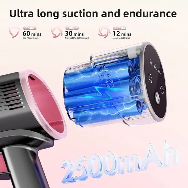 Alt view image 3 of 7 - COWSAR Cordless Vacuum Cleaner with HEPA Filter, Power Detect Clean & Empty, Auto-Empty System, Rechargeable, Portable Handheld Attachment, Stick Vacuum for Pet Hair, Carpets & Hardfloor, Pink