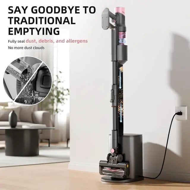 Alt view image 6 of 7 - COWSAR Cordless Vacuum Cleaner with HEPA Filter, Power Detect Clean & Empty, Auto-Empty System, Rechargeable, Portable Handheld Attachment, Stick Vacuum for Pet Hair, Carpets & Hardfloor, Pink