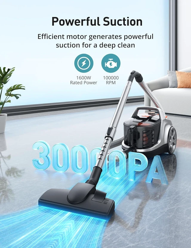 Alt view image 2 of 7 - Aspiron Canister Vacuum Cleaner, 40Kpa Bagless Vacuum Cleaners