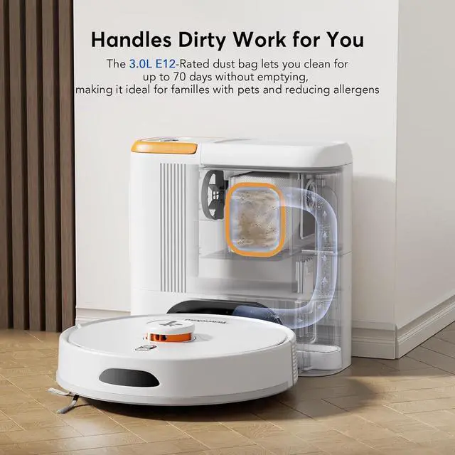 Alt view image 6 of 7 - D20S Max+ Robot Vacuum and Mop, Specifically Handling Pet Hair Design, 6000Pa Max Suction, with Self-Empty Dock, 10 Weeks Hands-Free Cleaning, PreciSense LiDAR Navigation, App & Voice Control