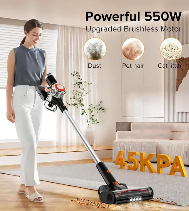 Alt view image 3 of 7 - Cordless Vacuum Cleaner, 90Mins Runtime 550W/45KPA Rechargeable Vacuum Cleaners for Home, Self-standing Stick Vacuum with Wall Mount Charging & Anti-Tangle Brush for Pet Hair, Carpet, Hardwood Floor