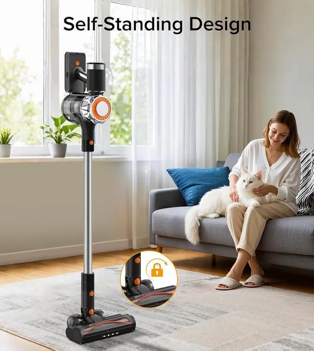 Alt view image 5 of 7 - Cordless Vacuum Cleaner, 90Mins Runtime 550W/45KPA Rechargeable Vacuum Cleaners for Home, Self-standing Stick Vacuum with Wall Mount Charging & Anti-Tangle Brush for Pet Hair, Carpet, Hardwood Floor